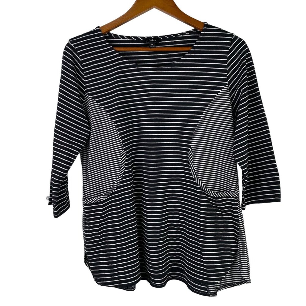 Links Tunic Top Size Medium 3/4 Sleeve Colorblock Pocket Striped Black Cotton